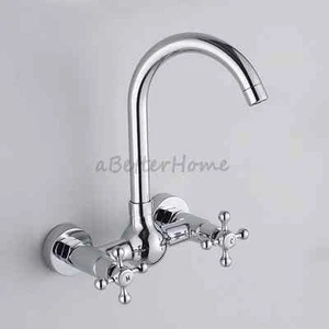 Kitchen Sink Faucet Dual Cross Handle Hole Wall Mounted Swivel Spout Mixer Tap - Picture 1 of 4