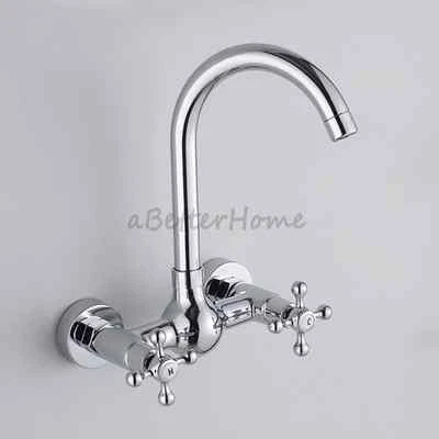 Kitchen Sink Faucet Dual Cross Handle Hole Wall Mounted Swivel Spout Mixer Tap - Image 1 of 4