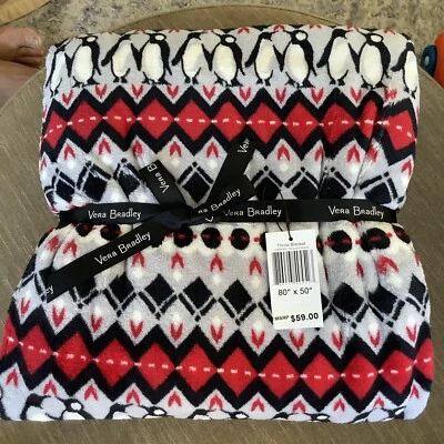 Vera Bradley Plush Throw Blanket Playful Penguins Gray 80" x 50" Bran New - Image 1 of 3