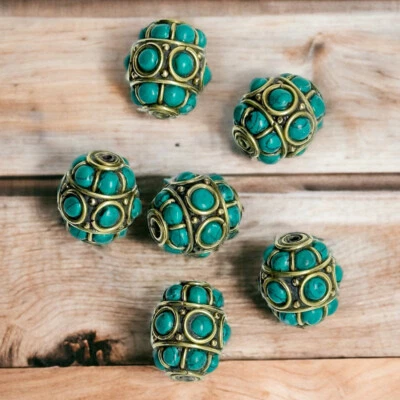 Tibetan Nepal Jewelry Artisan Handmade Brass Beautiful Turquoise 6 Masala beads - Image 1 of 4