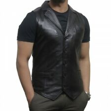 Men's Vest Genuine Lambskin Leather Black Lapel Buttoned Biker Vest