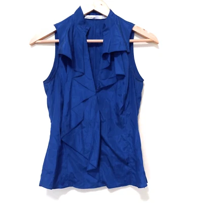 Top informal para mujer KAREN MILLEN azul seda algodón cuello en V cremallera lateral talla 4 Foto 1 de 4