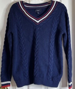 Lands End Drifter Cable Knit Sweater Blue w/Red & White Stripes Womens Size L - Picture 1 of 7