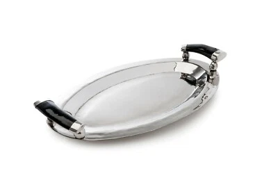 Handmade German Silver Oval Tray with Horn Handles - Image 1 of 3