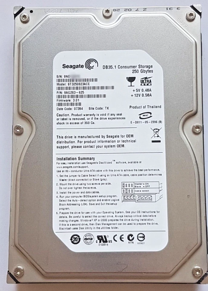 250 GB Ide Seagate DB35.1 ST3250823ACE P-Ata 7200rpm 8MB HDD 3,5 " Hard Drive - Image 1 of 1
