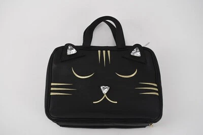Bolsa de viaje cosmética Betsey Johnson negra gatito gato estrás oreja nariz cara dorada Foto 1 de 4