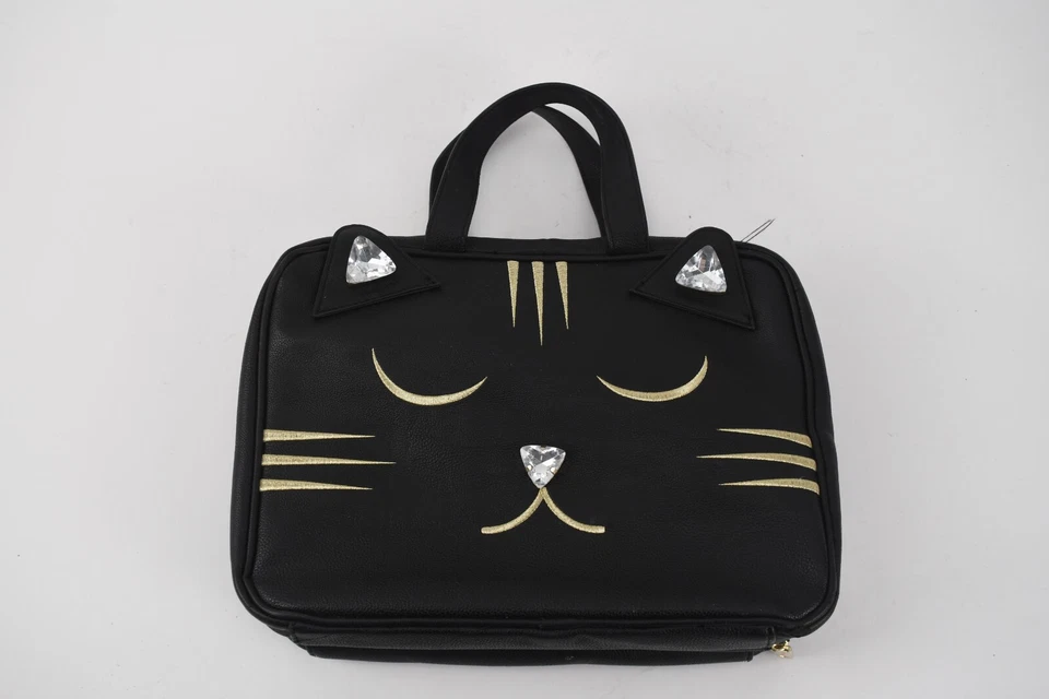Betsey Johnson Black Kitty Cat Cosmetic Travel Bag Rhinestone Ear Nose Gold Face - Image 1 of 4