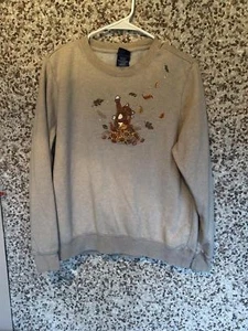 Basic Editions Fall Cat Embroidered Sweatshirt Size Large Autumn Leaves Tan - Picture 1 of 5