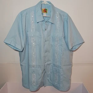 Vtg Genuine Haband Guayabera Snaps Shirt Mens Sz L Blue Embroidery Tropical - Picture 1 of 11