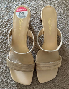 Madeline RACE Gold Metal Open Square Toe Slide Sandals Heel - 8.5 M - Picture 1 of 11