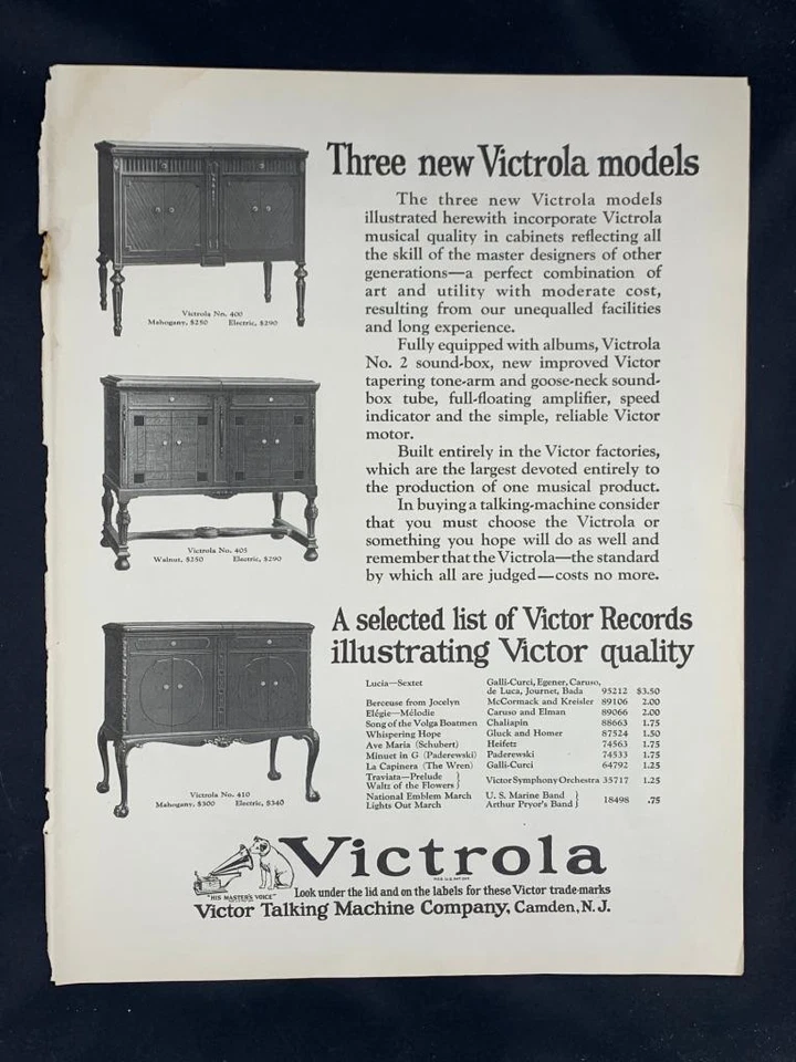 Anúncio de revista* - 1923 - Victor Talking Machine Co., Camden, NJ - 3 modelos mostrados - Imagem 1 de 1