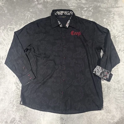 COOGI Luxe Flip Cuff Pasley Shirt Stretch Cotton Mens 3XL Black Casual Embroider - Image 1 of 4