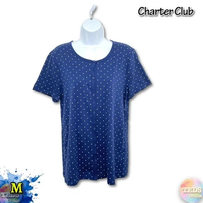 Nuevo con etiquetas Top de pijama Charter Club M algodón cuello redondo botones lunares (solo parte superior) Foto 1 de 4