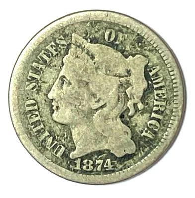 1874 3c Three Cent Nickel US Coin Rare - Image 1 of 2