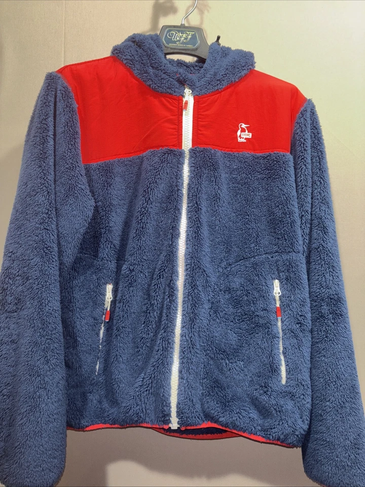 Винтажная мужская флисовая парка на молнии Chums Elmo красный/темно-синий цветной блок с капюшоном L - Изображение 1 из 4