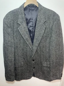 Vintage 100% Reine Wolle Sakko 44 L Blazer Grau Fischgrät Tweed Herren - Bild 1 von 11
