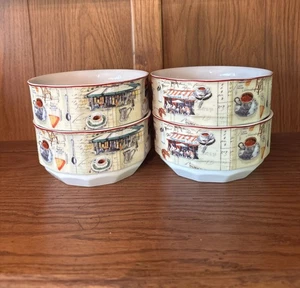 Williams Sonoma Soup Cereal Bowls Paris Cafe Marc Lacaze Retired Set Of 4 - Picture 1 of 10