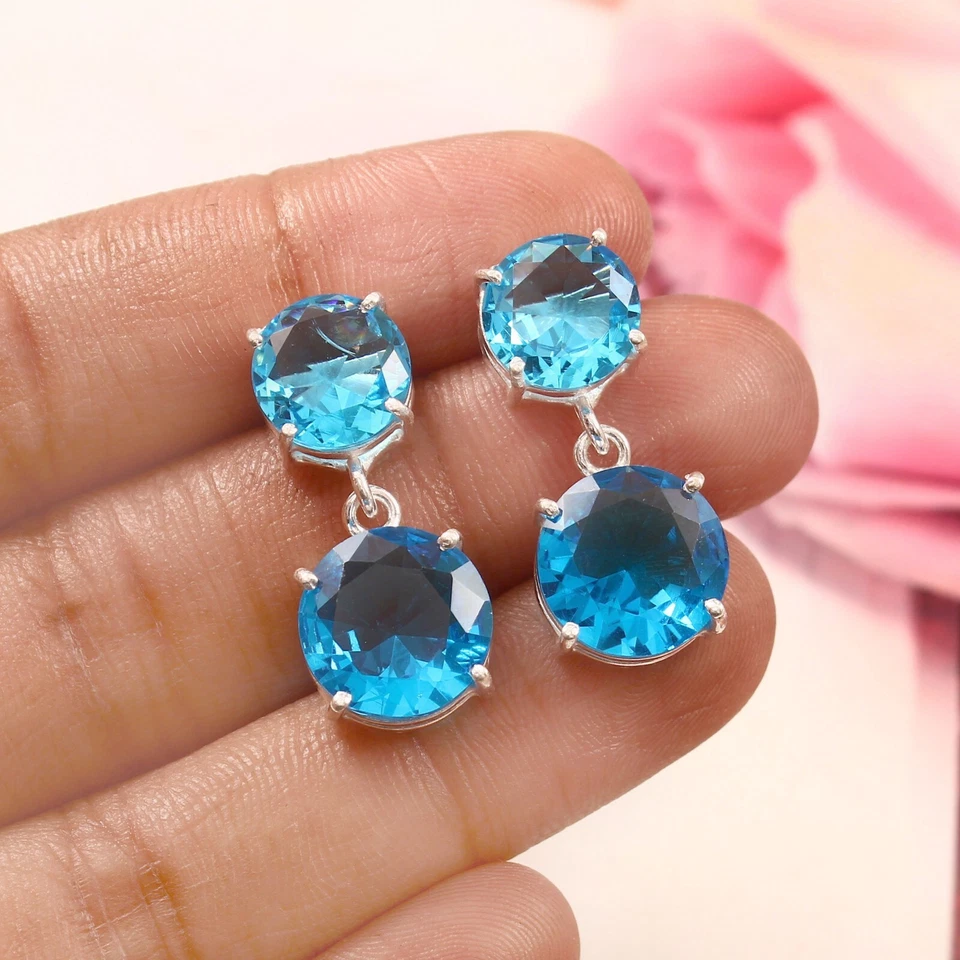Blue Topaz Quartz Round Gemstone Silver Plated Stud Earrings Dainty Jewelry - Image 1 of 3