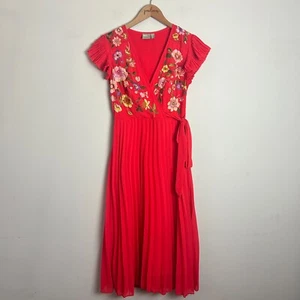 ASOS Red Floral Embroidered Pleated Short Sleeve Ruffle Flowy Midi Dress 2 S - Picture 1 of 9