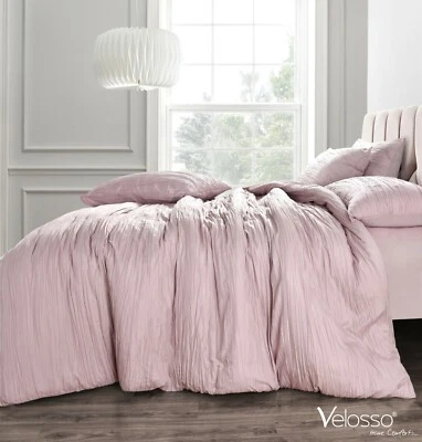 VELOSSO HOME COMFORTS Crinkle Pleated Duvet Cover Bedding Set Soft Touch Blush Pink Grey White Bedding