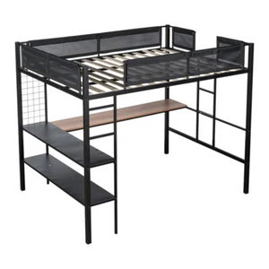 Metal Loft Bed with Desk Table and Storage Shelves Full Size Loft Bunk Bed Frame - Picture 1 of 15