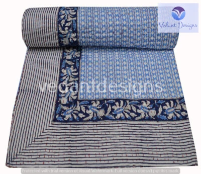 Indian Embroidery Kantha Quilt Bedspread Polka dot Throw Cotton Blue - Image 1 of 4