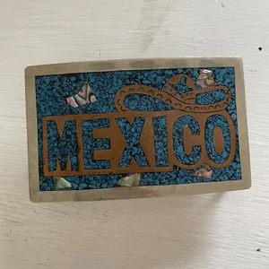 Vintage Mexico Spellout Belt Buckle Sombrero Inlay Cowboy turquoise - Picture 1 of 3