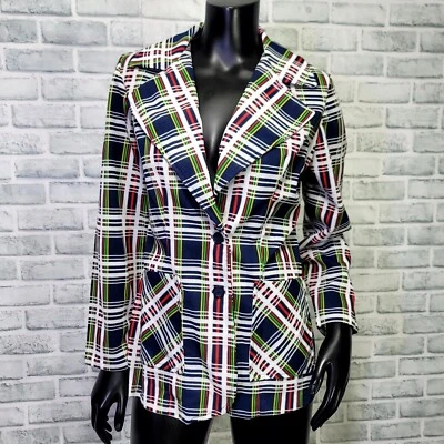 Vintage 70s Womens Colorful Plaid Double Knit Polyester Blazer Disco Career Cas - Image 1 of 4