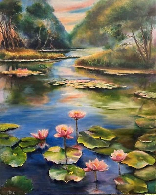 Estanque con Lirios, PINTURA ORIGINAL AL ÓLEO, 24x30 pulgadas, Regalo para el Hogar, Decoración de Arte de Pared Foto 1 de 4