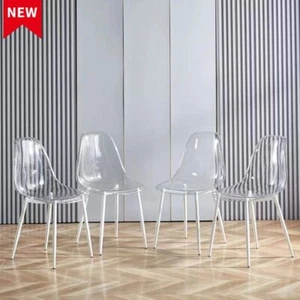 Set of 4 Clear Plastic Accent Side Chairs Kitchen Dining Chairs Metal Legs White - Picture 1 of 10