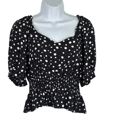 Topshop Top Mujer Talla 10 Negro Lunares/Floral Recortado Manga Corta Cuello en V Foto 1 de 4