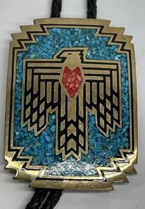 Vintage Indianer Handarbeit signiert Messing Bolo Donnervogel Türkis Inlay - Bild 1 von 11