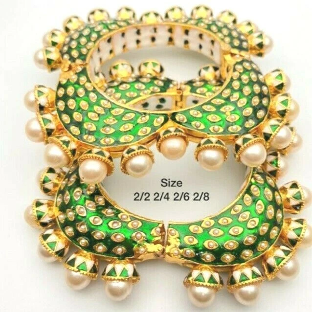 Brazalete brazalete de perlas Polki tono dorado indio Bollywood 2 piezas conjuntos de joyas de boda Foto 1 de 1