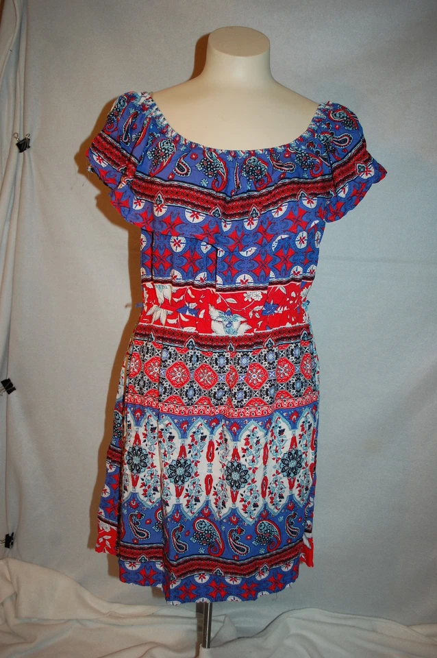 Юниоры Женское КРАСНОЕ БЕЛОЕ СИНЕЕ ПЛАТЬЕ С ОТКРЫТЫМИ ПЛЕЧАМИ Ретро Цветок Пейсли XL 15-17 - Изображение 1 из 1