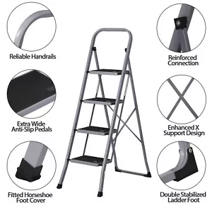 4 Step Ladder Folding Step Stool Steel Anti-Slip For Household Office Use 330lbs - Picture 1 of 23