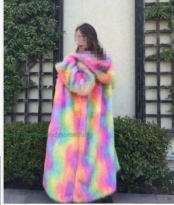New Trench Coat Women's Rainbow Outwear Mixed-color Hooded Faux Fur Jacket Parka - Picture 1 of 21