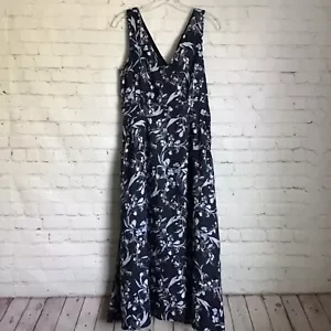 C&C California Linen Midi Dress Womans 10 Blue Floral V Neck Pockets Back Ruche - Picture 1 of 8