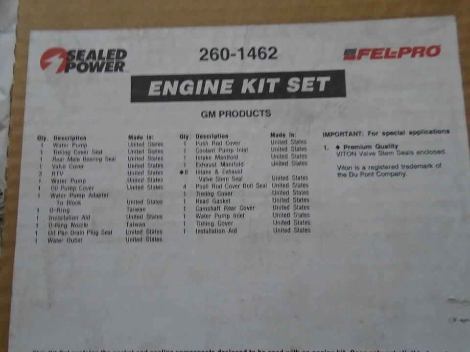 Buick Olds Pontiac 1988 2,5 Kit de juntas de motor eléctrico sellado, 260-1462 Foto 1 de 1