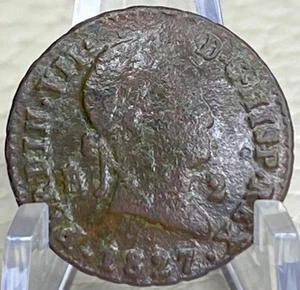 1827 Spanische 2 Maravedis alte seltene Münze König Ferdinand VII Burgen Löwen - Bild 1 von 9