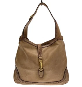 GUCCI New Jackie Leather Shoulder Bag Brown Perforated Trim Made in Italy Used - Picture 1 of 8