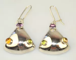 MODERNIST STERLING SILVER HANDCRAFTED AMETHYST CITRINE PERIDOT PIERCED EARRINGS - Picture 1 of 3