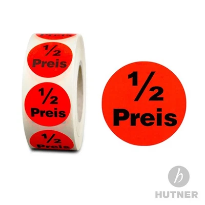 HUTNER Aktionsetiketten 1/2 Halber Preis 32mm permanent Aufkleber Rolle Etiketten rot