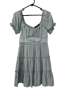 Trixxi Sage Green Milkmaid Babydoll Dress M Tiered Ruffles Puff Sleeves Romantic - Picture 1 of 9