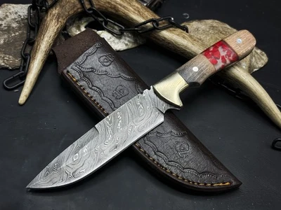 10144 Handmade Damascus steel Camping Tactical Hunting Knife With Leather Sheath - Image 1 of 4