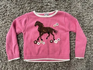 Vintage Hartstrings Horse Sweater Pink Girls Size 5 Size 6 Flowers White Ringer - Picture 1 of 8