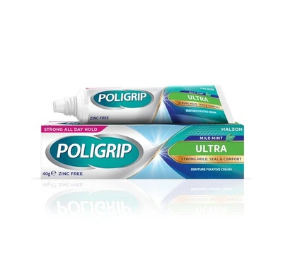 BRANDED 3x Poligrip Ultra Denture Fixative Cream 40g Polygrip zinc free - Mint Flavour