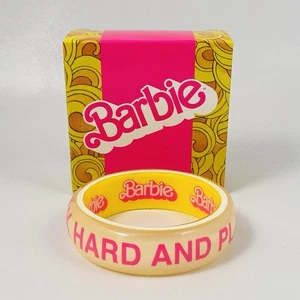 🌟Barbie Collector Chunky Lucite Bangle Bracelet Pink & Yellow Clear Acrylic - Picture 1 of 5