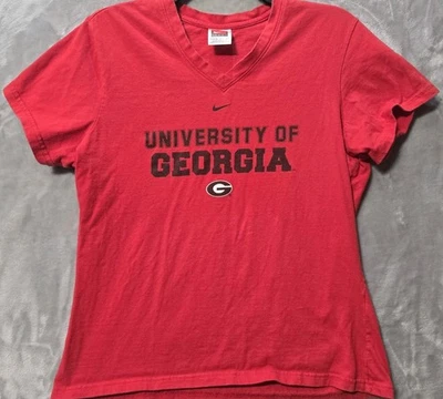 Vtg UGA Football Shirt Girls Womens L 12-14 Red Short Sleeve V Neck Runs Small  - Image 1 of 4