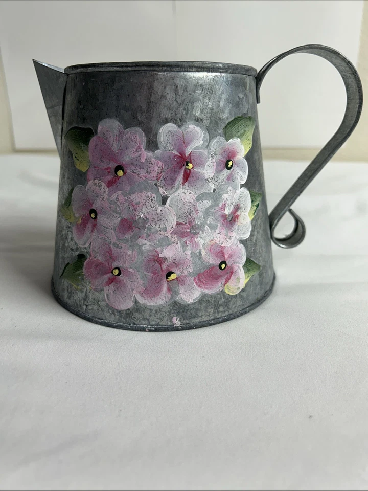 Handcrafted Galvanized Metal Watering Can Hand Painted Floral Hydrangeas Decor - Image 1 of 4