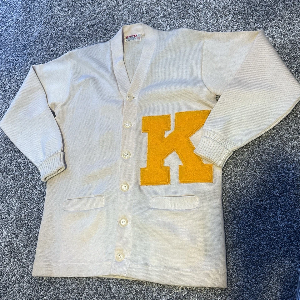 Vintage Late 60s - Early 70s Sand Knit Letter K Knit Letterman Cardigan Sweater Foto 1 de 4